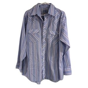 Vintage Western Shirt Pearl Snap Blue Striped American Hero Cowboy Rodeo Mens XL